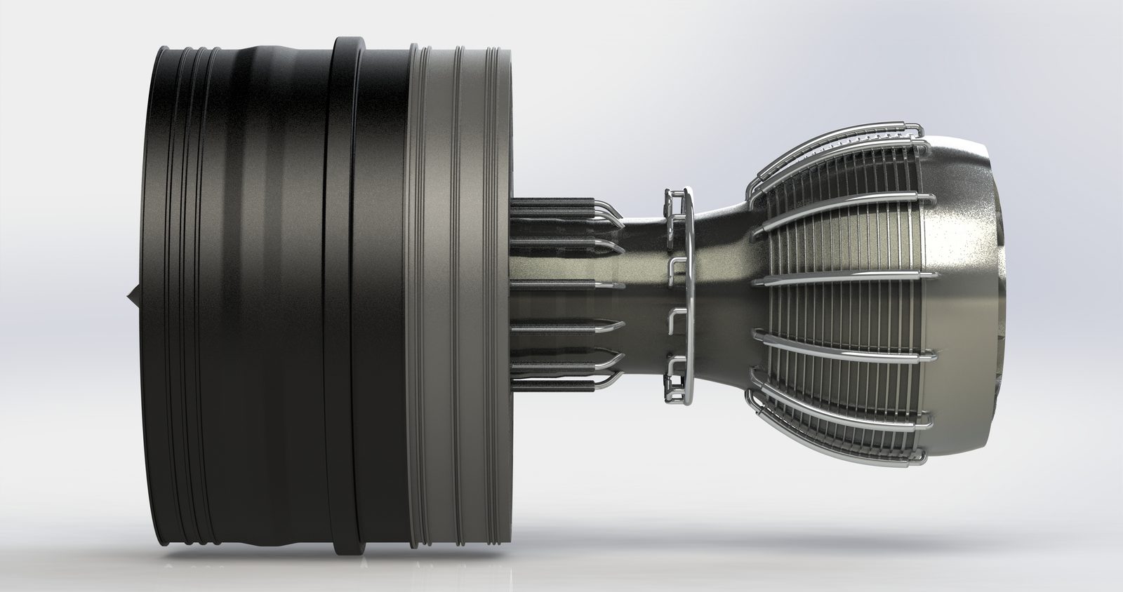 Side profile of the GEnx turbofan, fan at left and exhaust at right.