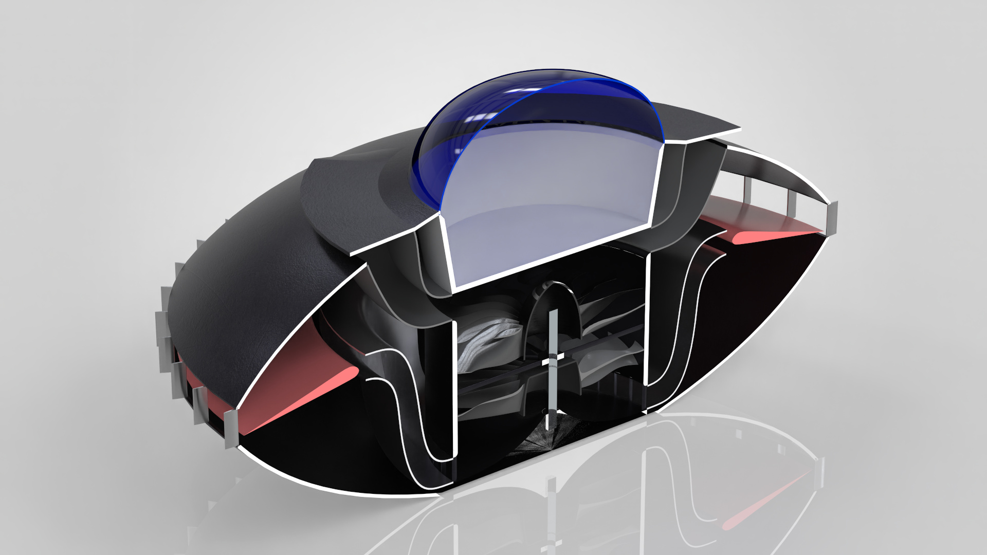 Isometric cutaway render of the craft: domed cockpit, counter-rotating ducted fans and the two stationary wings.