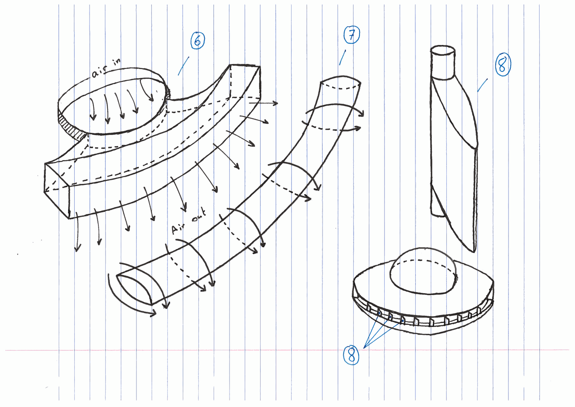 Original 2016 hand drawing: the air ducting and air blades, parts six to eight, with air-in and air-out flow.