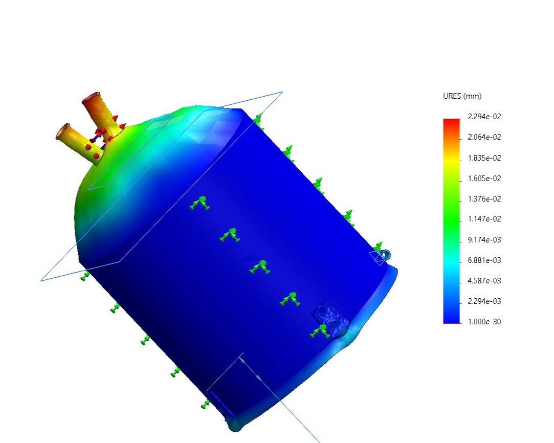 Finite-element displacement analysis (URES) of the vacuum-dehydration pressure vessel.