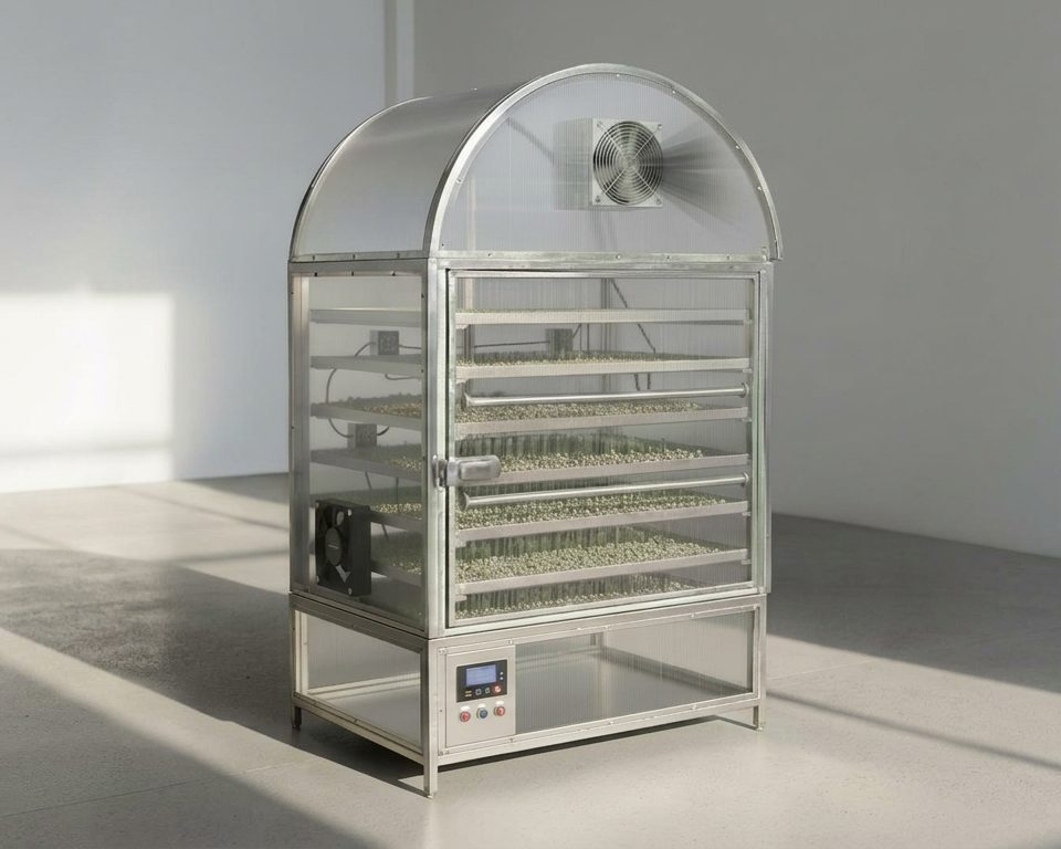 CAD render of the solar dryer: stainless drying trays under a domed polycarbonate cover with a ventilation fan.