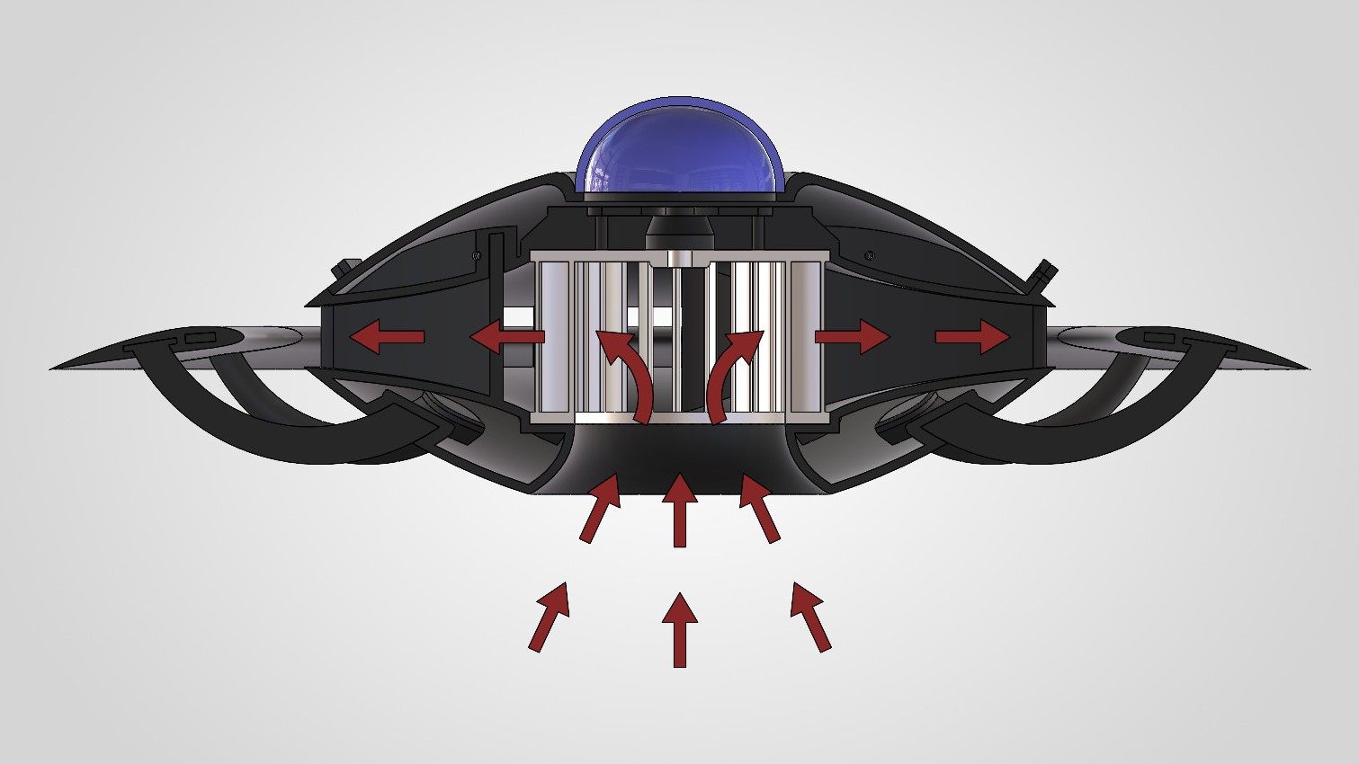 Cutaway render of Project Saturn showing the airflow: air is drawn up into the central fan from below, then thrown outward across the circular wing, traced by red arrows.