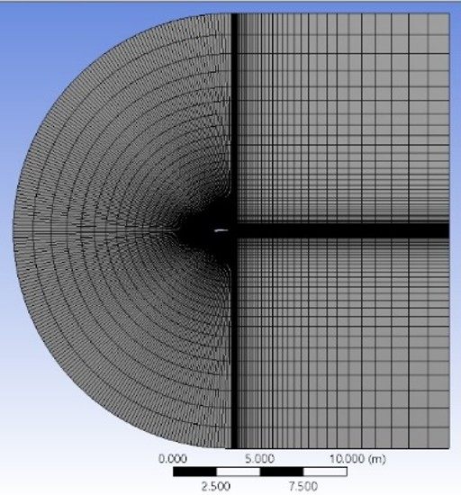ANSYS mesh of the domain around the wing section: a fine structured grid hugging the surface that opens out into a coarser radial far-field.