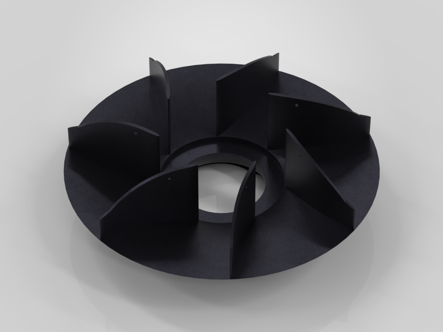 CAD render of the stator ring: seven curved vanes sweeping from the central hub, which catch the spinning air off the fan and straighten it.