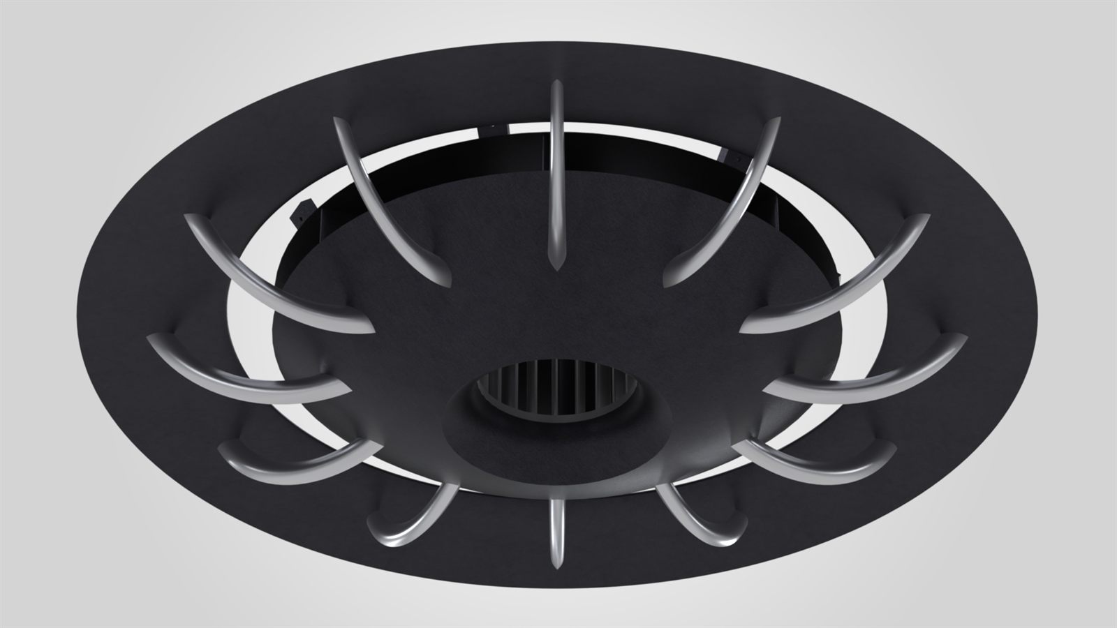 Underside render of Project Saturn, showing the central fan and the ring of curved stator vanes inside the circular wing.