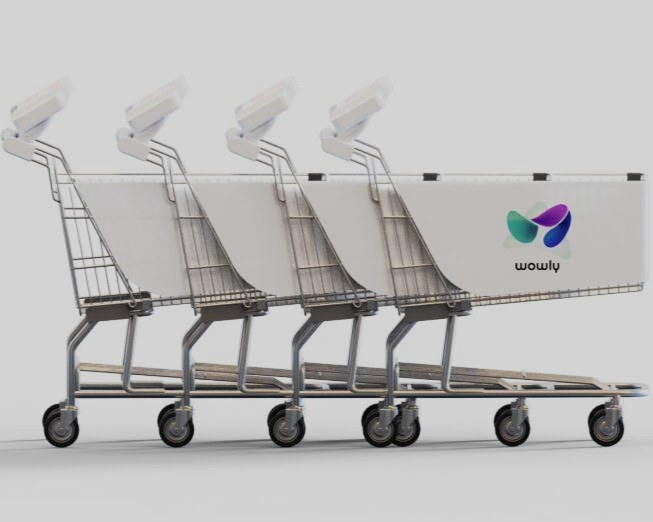 The Wowly self-checkout device mounted on a shopping cart.